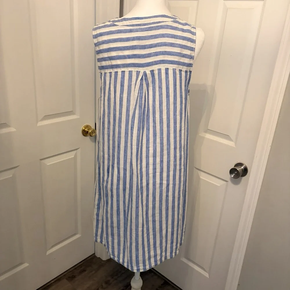 Nicole Miller 100% Linen V-Neck Dress Blue White Striped Popover Nautical Resort - Picture 6 of 10